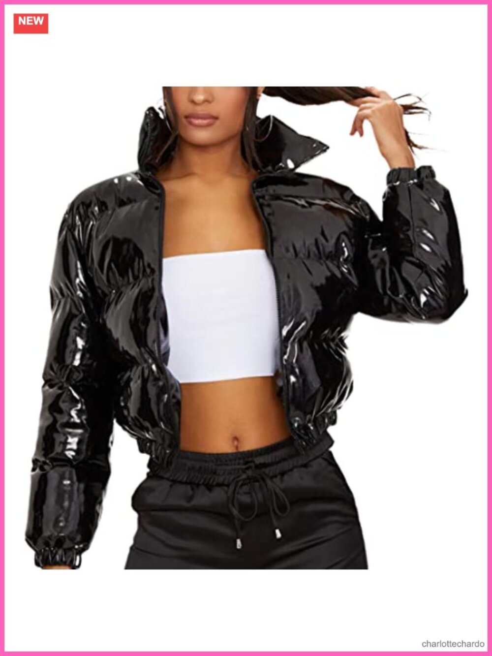 Women's Cropped Puffer Jacket Shiny Zip Up Short Bubble Coat